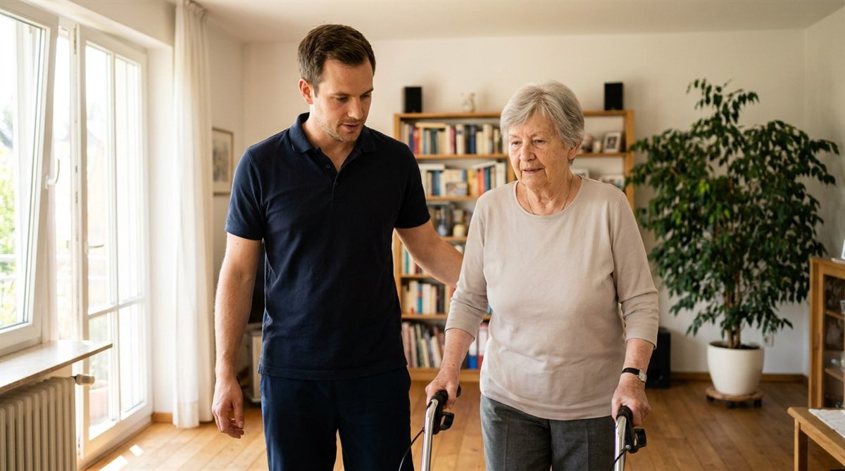 Physiotherapeut begleitet eine ältere Frau beim Gehen mit dem Rollator durch ihr Wohnzimmer