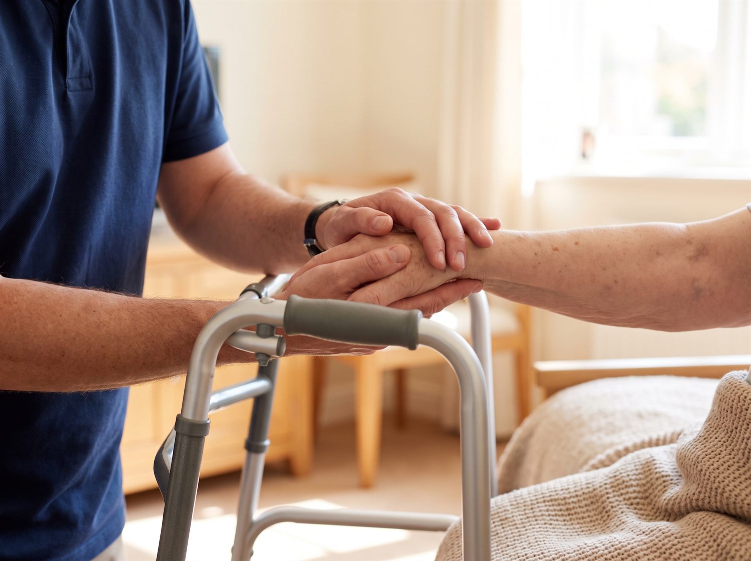 Therapeut stützt die Hand einer älteren Person am Gehgestell