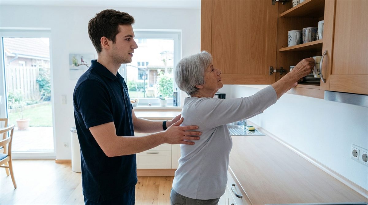 Physiotherapeut unterstützt einen älteren Mann beim sicheren Aufstehen vom Stuhl in der eigenen Wohnung