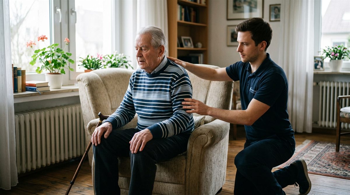 Physiotherapeut leitet einen älteren Mann bei einer Atemübung im Sitzen an