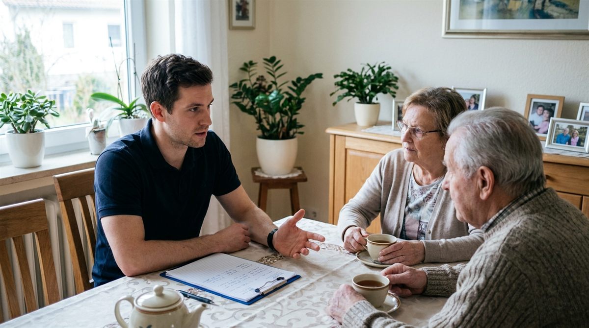 Physiotherapeut im Gespräch mit einer älteren Patientin am Wohnzimmertisch, Notizen in der Hand