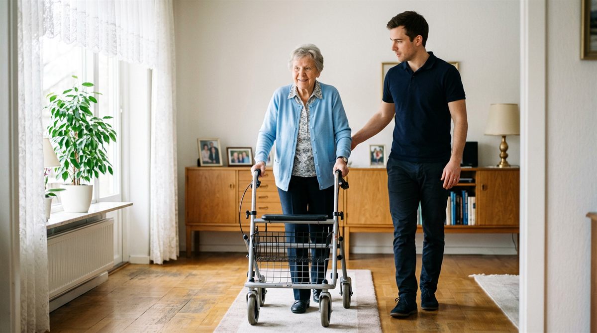 Physiotherapeut übt mit einer älteren Frau das sichere Gehen im Flur ihrer Wohnung