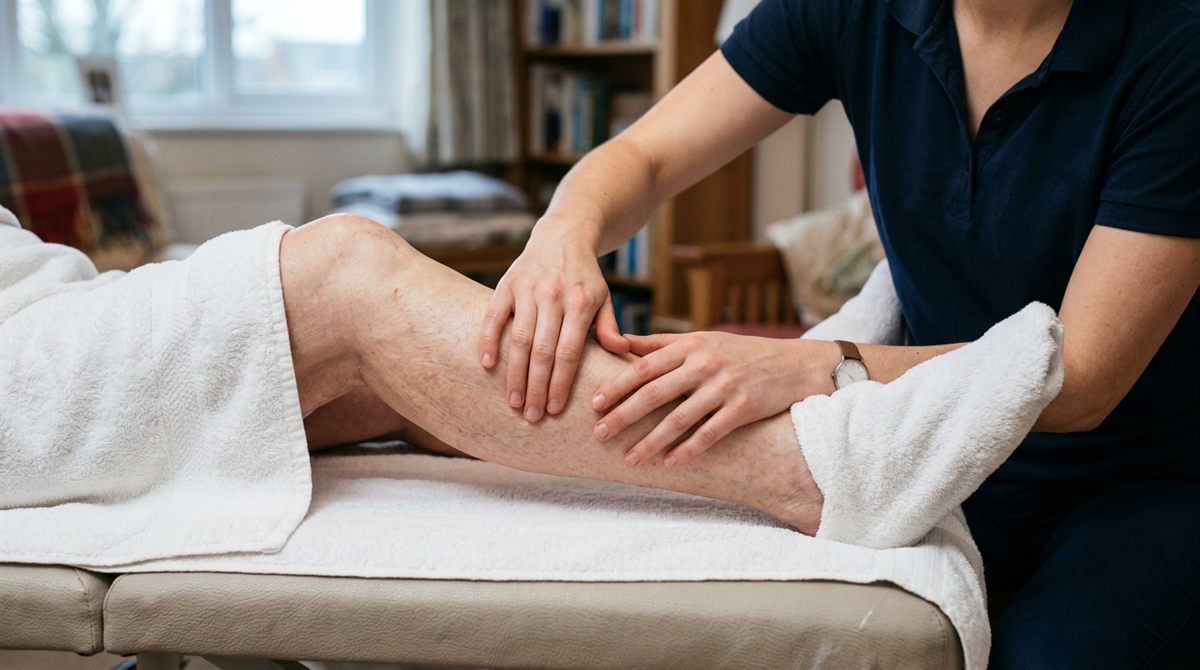 Physiotherapeut behandelt das Bein einer Patientin mit sanften Grifftechniken der Manuellen Lymphdrainage