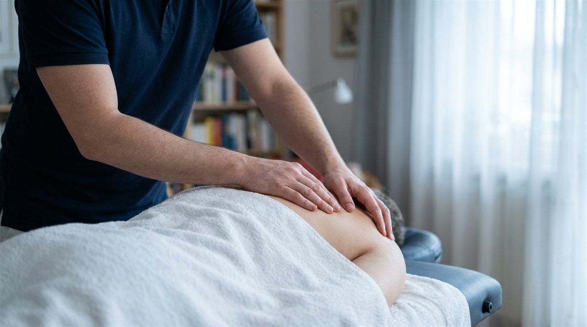 Physiotherapeut behandelt die verspannte Nacken- und Schultermuskulatur eines Patienten